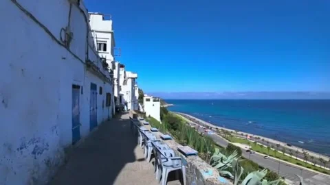 Moroccan Cliffside Cafe Walk Overlooking Turquoise Tangier Coast Stock Footage 334061054