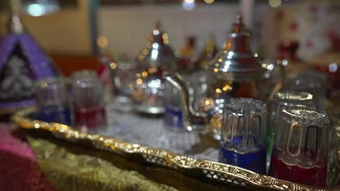 Moroccan dinner tea set pan Stock Footage 196306265