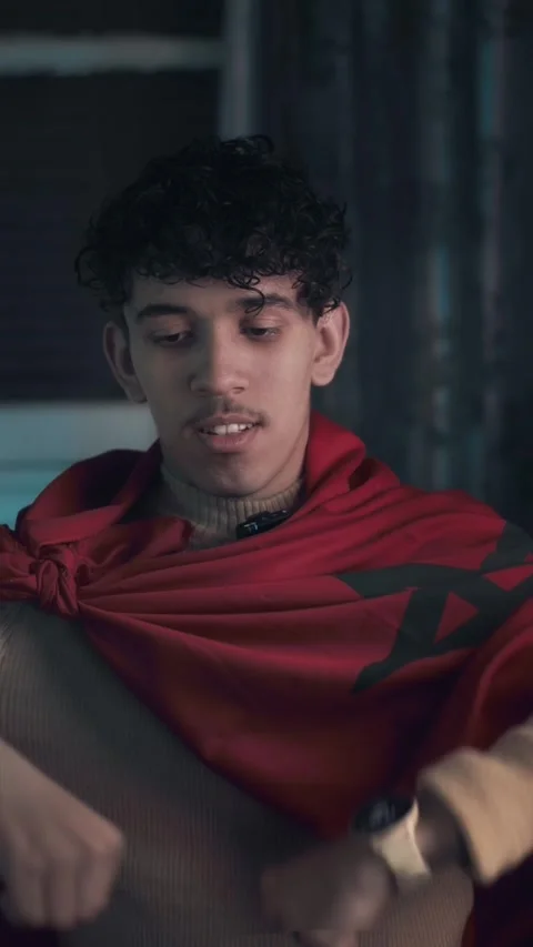 Moroccan Fan with Flag Checking Watch Waiting for Football Match Start Stock Footage 325193753