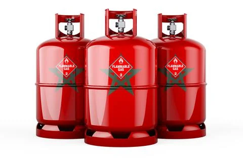 Moroccan flag painted on the propane cylinders with compressed gas, 3D render Illustrazione stock