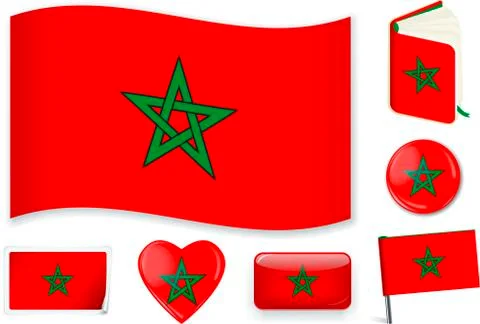 Moroccan flag in seven shapes. Editable with separate layers. Stock Illustration