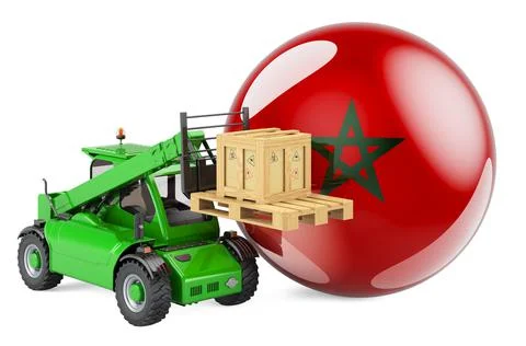 Moroccan flag with telescopic handler truck and parcel. Cargo shipping in Mor Stockillustratie