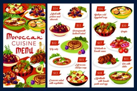 Moroccan food vector menu template Morocco cuisine Illustrazione stock