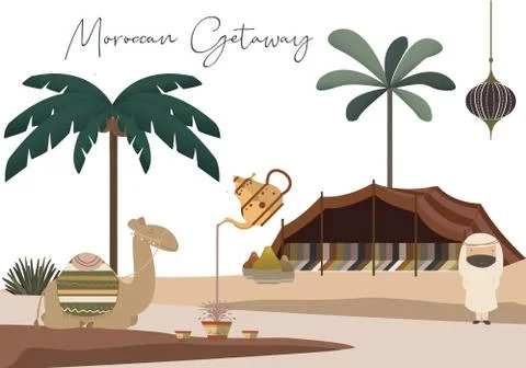 Moroccan Getaway Vector Set, Arabian, Seated Camel, Palm Trees, Spices, and More Stock Illustration