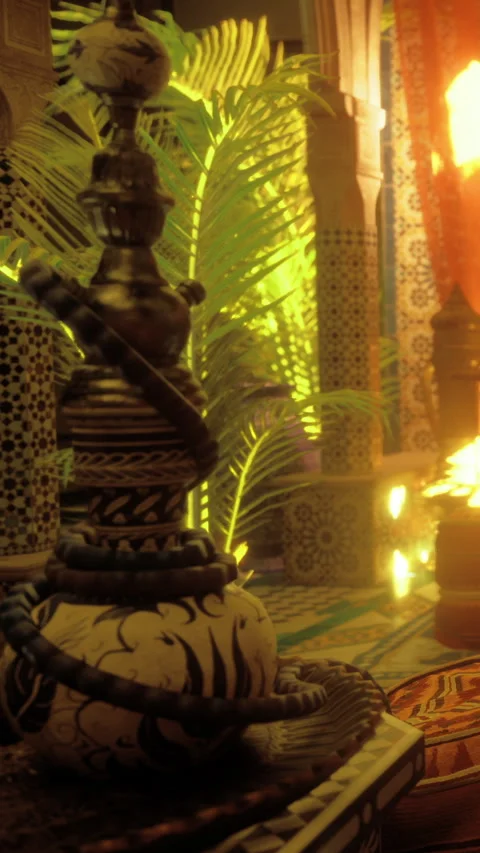 Moroccan indoor scene with hookah and decorative elements at nighttime Stock Footage 331441916