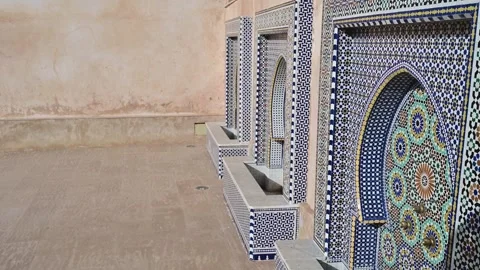 Moroccan islamic architecture with zellige tilework fountain Stock Footage 333645696