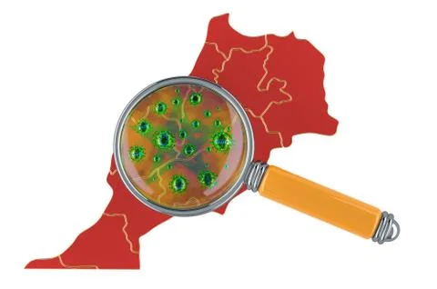 Moroccan map with coronavirus under magnifier, 3D rendering Stock Illustration
