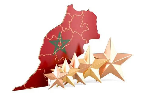 Moroccan map with five stars. Rating, quality, service in Morocco. 3D renderi Stock Illustration
