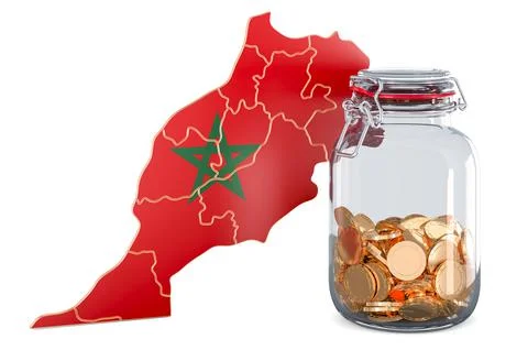 Moroccan map with glass jar full of golden coins, 3D rendering Stock Illustration