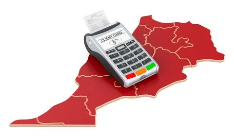 Moroccan map with POS terminal. Cashless payments in Morocco concept. 3D rend Stock Illustration