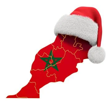 Moroccan map with red Santa hat. New Year and Christmas holidays concept, 3D  Stock Illustration