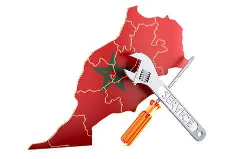 Moroccan map with screwdriver and wrench, 3D rendering Stock Illustration