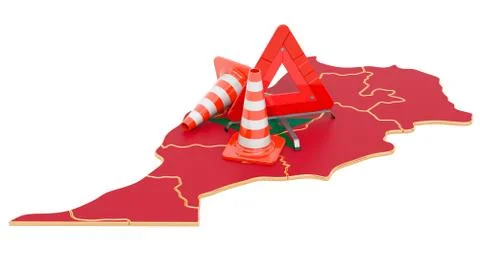 Moroccan map with traffic cones and warning triangle, 3D rendering Stock Illustration