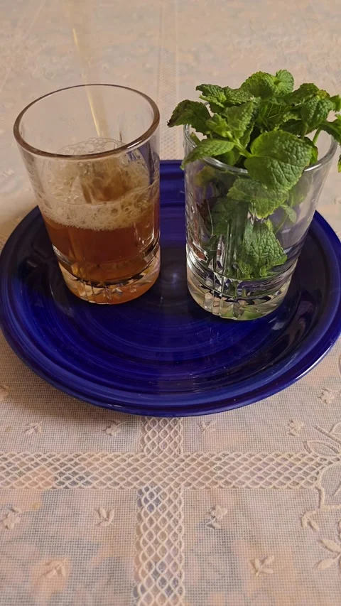 Moroccan mint tea on blue tray. Stock Footage 340588879