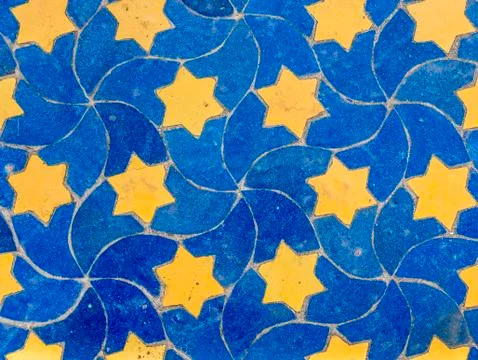 Moroccan mosaic table top background yellow stars on blue Photos
