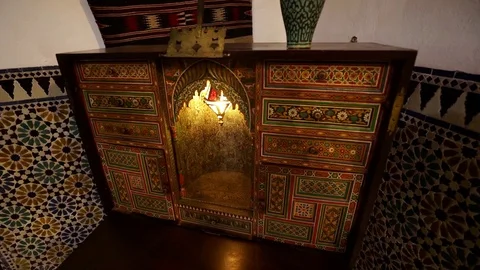 Moroccan multicolor woodwork art with light in Tetouan Stock Footage 123421908