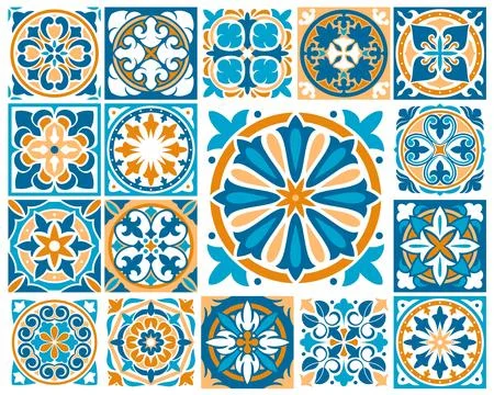 Moroccan or azulejo tile patterns, majolica mosaic Ilustración de archivo