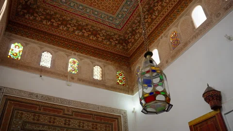Moroccan Palace Ceiling with Hanging Lantern and Ornate Islamic Details, low 스톡 동영상 332616482