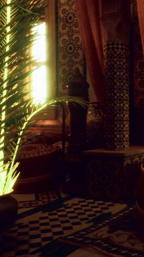 Moroccan room with patterned tiles and warm sunlight shining through Stock Footage 331752713
