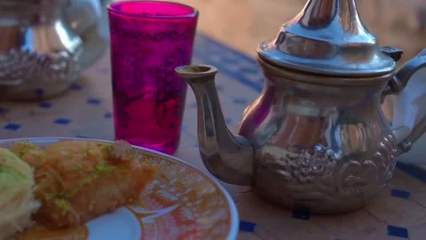 Moroccan tea and sweets at a teteria in Granada, Andalusia, Spain Stock Footage 273833019