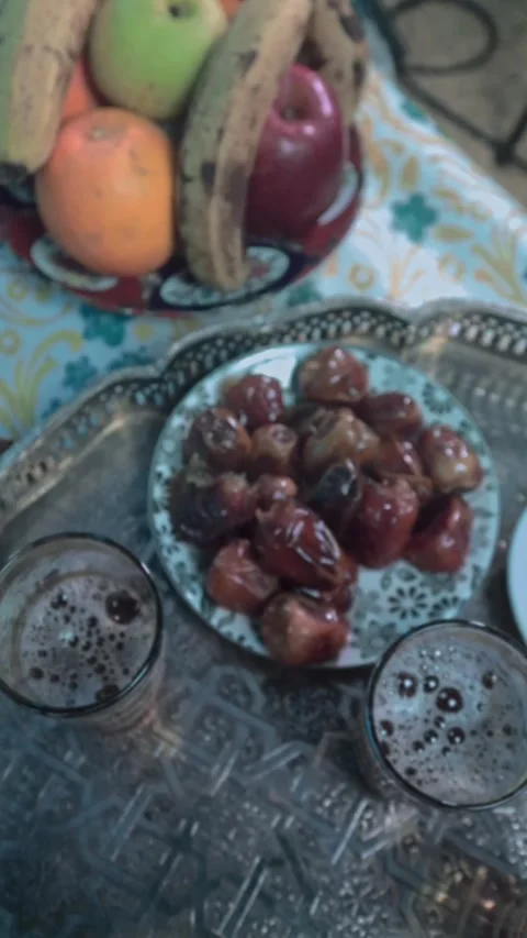 Moroccan tea, dates and fruits on the occasion of Eid al-Fitr Stock Footage 303967080