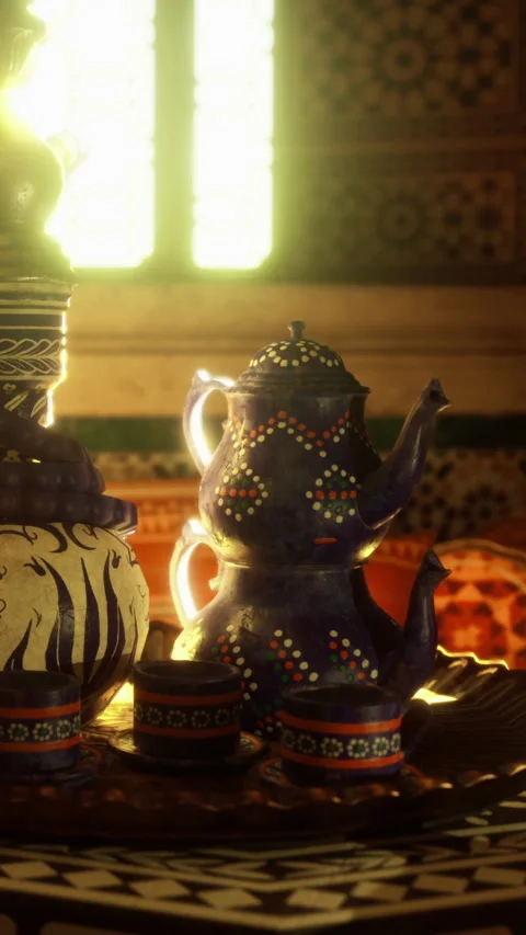 Moroccan tea set on table in warm light with decorative patterns Stock Footage 331745063