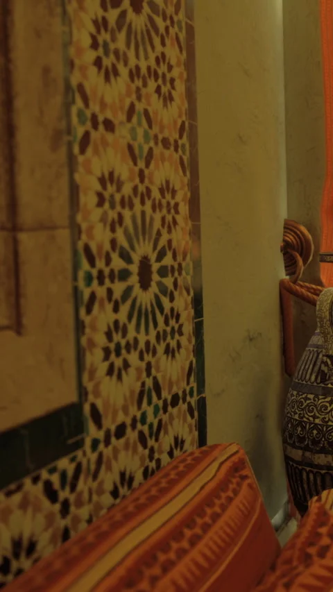 Moroccan tile patterns and pottery in a cozy room setting Stock Footage 331768793