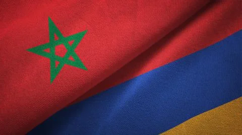 Morocco and Armenia two flags textile cloth, fabric texture Stock Illustration