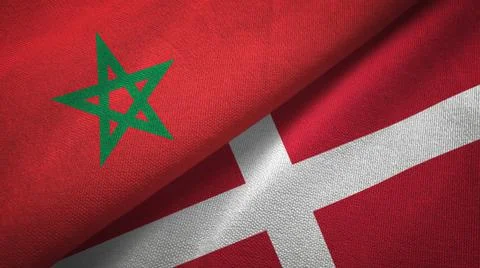 Morocco and Denmark two flags textile cloth, fabric texture Stock Illustration