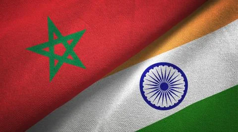 Morocco and India two flags textile cloth, fabric texture Stock Illustration