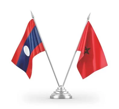 Morocco and Laos table flags isolated on white 3D rendering. Stock Illustration