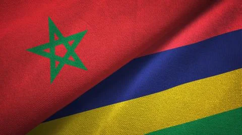 Morocco and Mauritius two flags textile cloth, fabric texture Stock Illustration