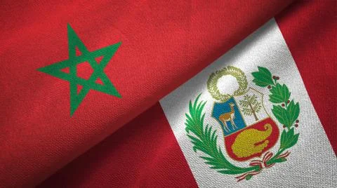 Morocco and Peru two flags textile cloth, fabric texture Stock Illustration