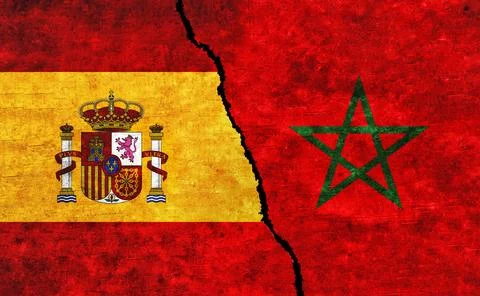 Morocco and Spain flags together. Spain Morocco conflict Stock Illustration