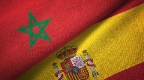 Morocco and Spain two flags textile cloth, fabric texture Stock Illustration
