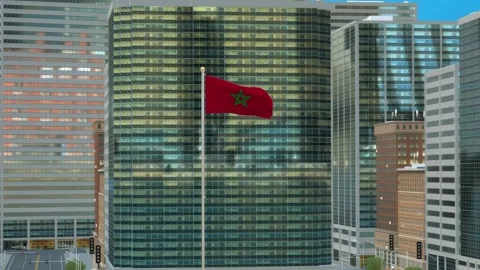 Morocco Flag 3D Render Animation on Pole with Modern Business District Build Video stock 332882070