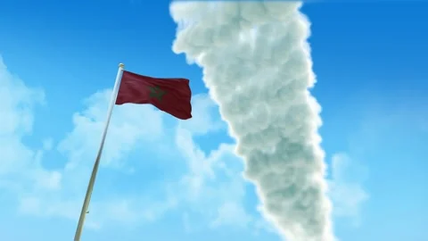 Morocco Flag 3D Render Animation on Pole with Fighter Jets Smoke Trails in B Stock-Footage 333251956