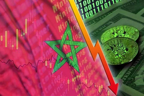 Morocco flag and cryptocurrency falling trend with two bitcoins on dollar bil 스톡 사진