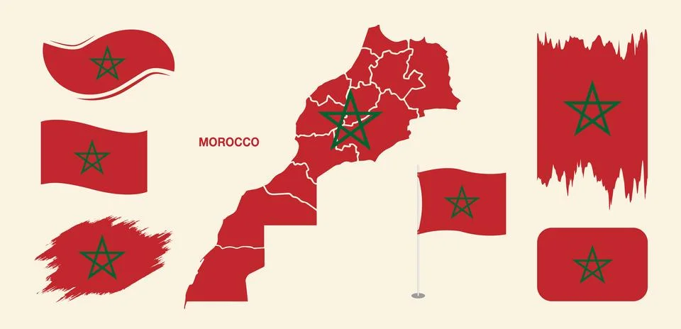 Morocco Flag and Map Set with Waving and Brush Stroke Elements イラスト素材
