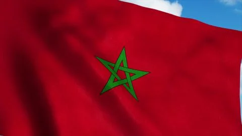 Morocco flag on a flagpole waving in the wind, blue sky background. 3d render Stock Illustration