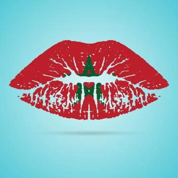 Morocco Flag Lipstick On The Lips Isolated On A White Background. Vector Stock Illustration