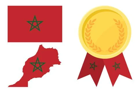 Morocco flag with map and gold medal in set for web and banners or app and .. Stock Illustration
