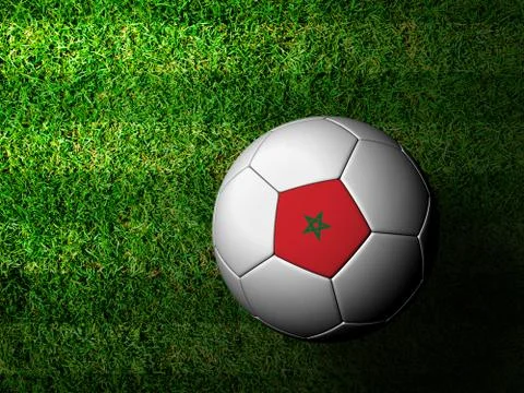 Morocco flag pattern 3d rendering of a soccer ball in green grass Illustrazione stock