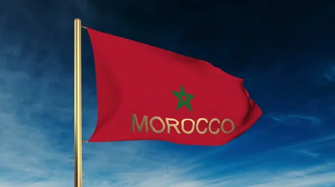 Morocco flag slider style with title. Waving in the wind with cloud background Stock Footage 48909490