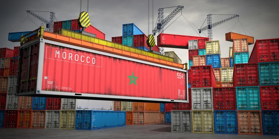 Morocco - freight container in cargo terminal - 3D illustration Stock Illustration