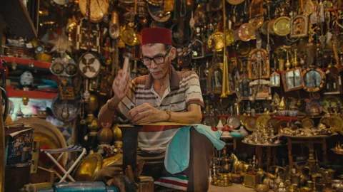 Morocco Man in a Store with Brassware Stock Footage 270454237