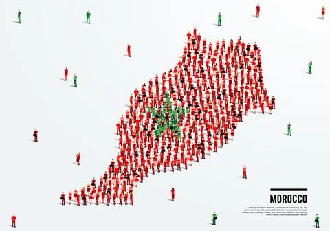 Morocco Map and Flag. A large group of people in the Moroccan flag color. Stock Illustration