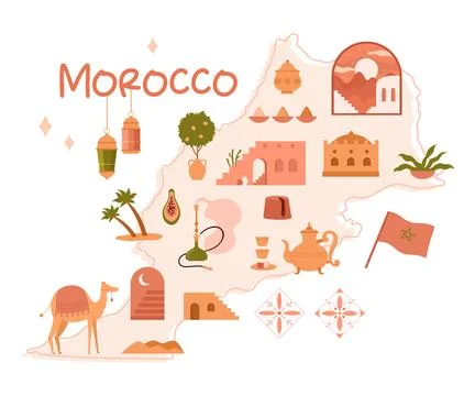 Morocco map with Arabian desert architecture, ancient Islamic culture decoration Stock Illustration