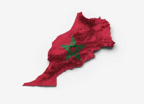 Morocco Map Flag Shaded relief Color Height map on white Background, 3d illustra Stock Illustration