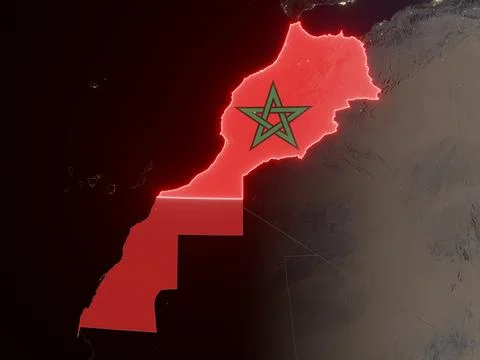 Morocco with national flag on night map Stock Illustration